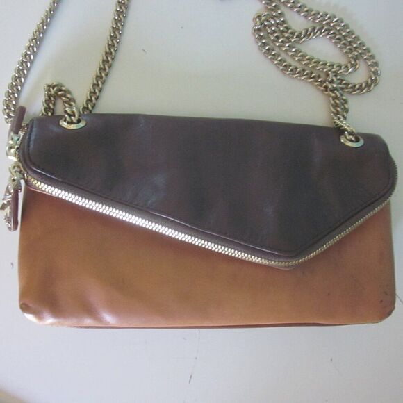 Henri Bendel Two Tone Brown Leather Bag Zipper Flap Chain Strap 10